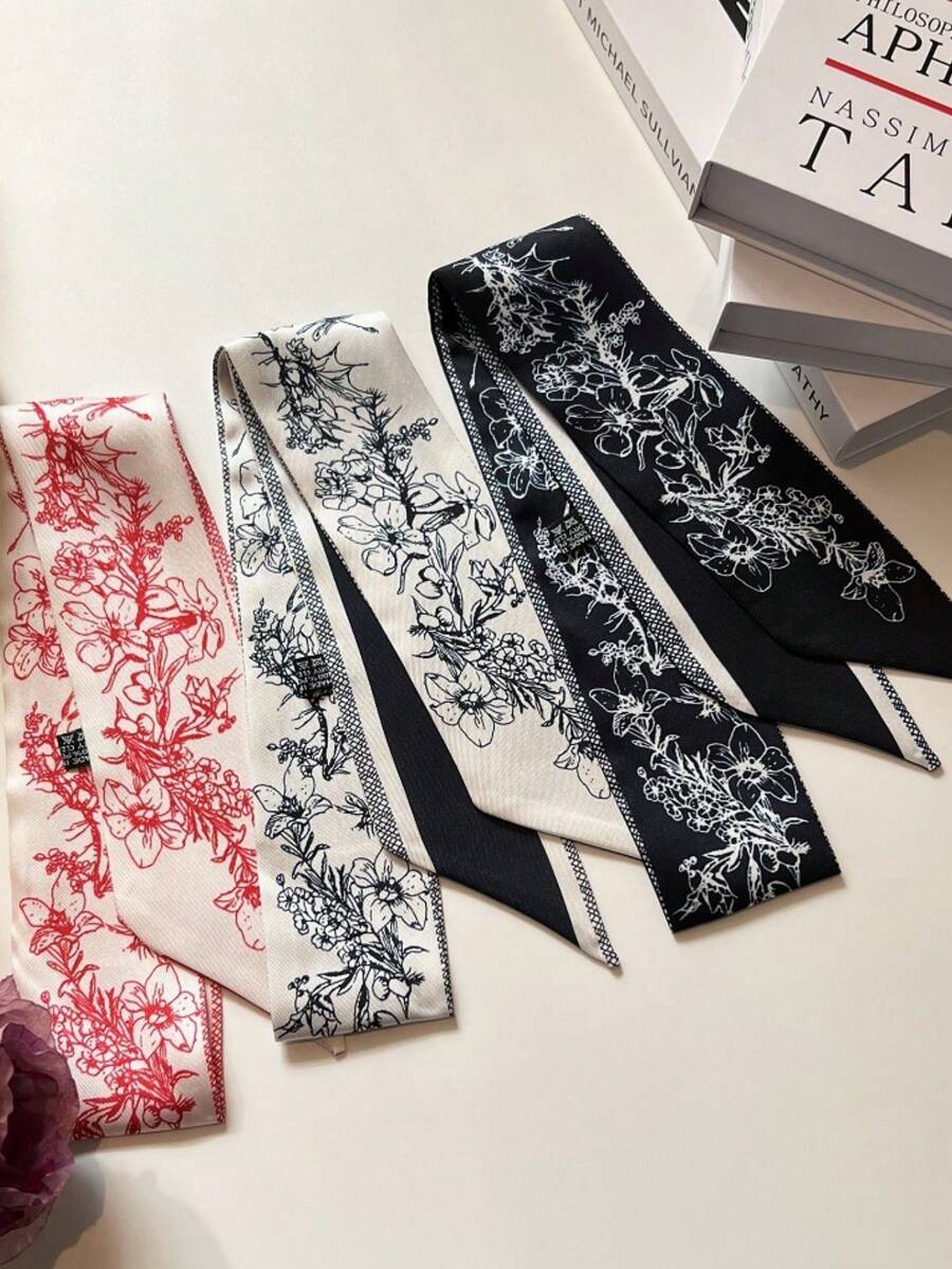 1 pezzo Sciarpa da donna in seta con stampa floreale e nastri, decorazione versatile per collo, capelli e borse, adatta per l'uso quotidiano in primavera/estate - Multicolore - Visualizzare 1