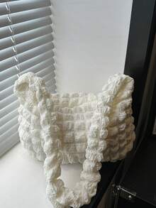 柔软蓬松云皱纹细节大容量女士单肩包休闲通勤风格，韩国时尚 - 米色 - 查看 6