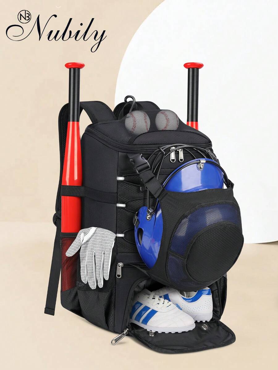 Baseball Backpack For Youth & Adults - Lightweight Softball Bat Bag With Shoe Compartment | Waterproof Sports Bag With Helmet Holder & Fence Hook | Holds Bats, T-Ball & Softball Gear - màu đen - Xem 1