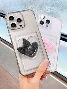 蝴蝶结耐用透明 TPU 保护手机壳带卡槽，兼容 I16、I16 Pro Max、I15、I15 Pro Max、12 Pro Max、13 Pro Max、14 Pro Max、13、14、11、12 Pro、14、XS、XR、78P、78GES2、A13 4G、A22、A21S、A51 4G - 黑色+閃粉愛心 - 查看 3