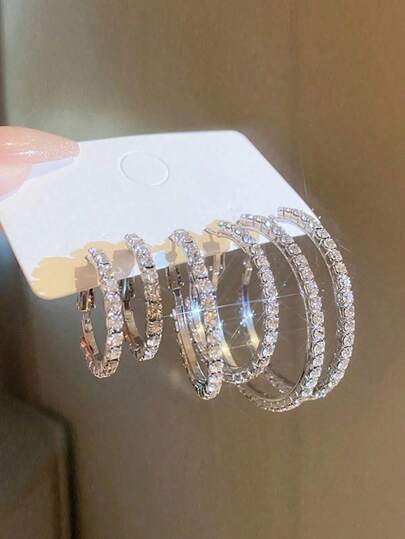 6pcs Simple Diamond Inlaid Earrings Set, Suitable For Women's Daily Wear, Holiday, Dating, And Gifting