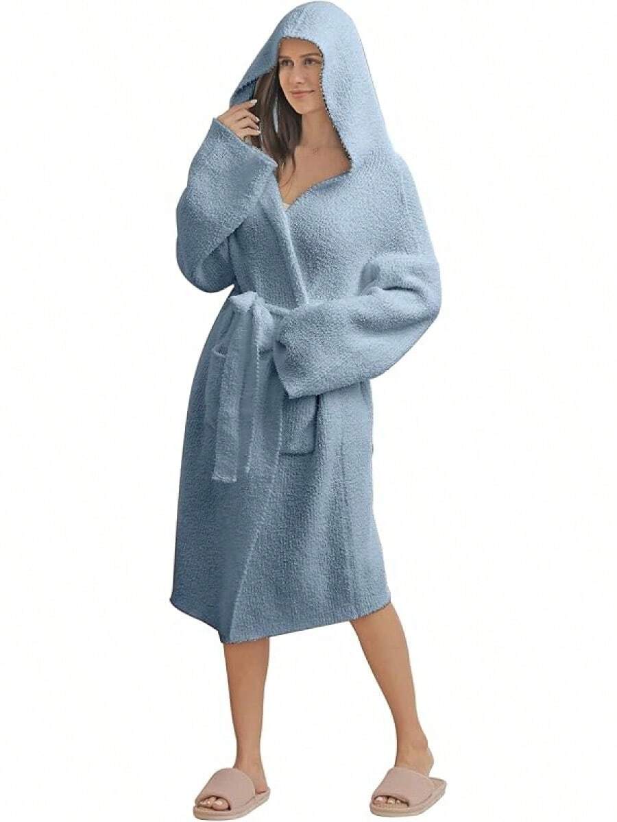 Bearberry Hooded Robe Cozy Leopard Robe Lightweight Soft Plush Bathrobe With Pockets For Women - Grey - View 1