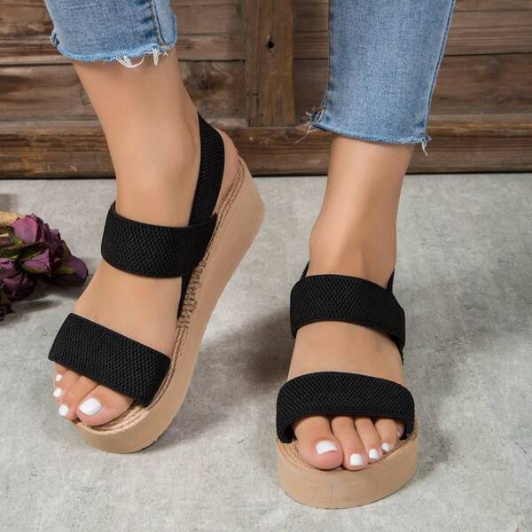 Bohemian Style Platform Sandals, Korean Fashion Casual Women's Shoes, Summer Open Toe Sandals In Black And Beige, Suitable To Wear With Dresses, Outfits For Going Out, Beach, Wedge Heels