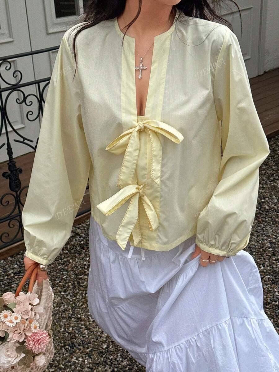 DEEKA 2023 Spring-Summer New Arrival Summer Butter Yellow Graduation Outfit Women Fashion Casual Silk Blouse With Bow Decor