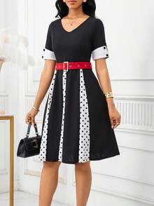 Women Polka Dot Wiggle Swing Vintage Dress - Black - View 6