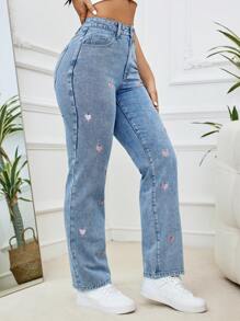 Women's Fashionable Casual Blue Elastic Snowflake Denim Pants With Pink Heart Embroidery Decoration, Soft And Comfortable For Spring, Summer, Autumn And Winter