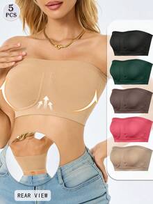 5pcs Women'S Strapless Bras - Seamless High Elasticity No Padding, Breathable Nylon/Elastane Blend, Solid Color Casual Elegant Design For Casual Attire Bras For Women, Breathable Knit Fabric, For Party Style - 彩色 - 查看 8