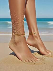 1 pièce Bijou de cheville à double couche style bohème avec décoration de strass ton or, convient pour le port quotidien et les vacances à la plage pour femmes