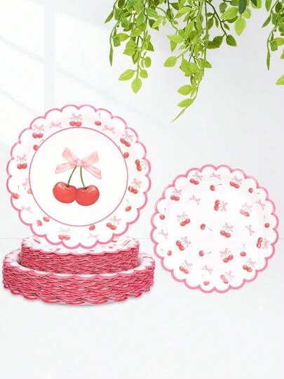 10 件/20 件/50 件粉色樱桃生日盘子套装一次性樱桃和蝴蝶结扇形纸盘派对用品一次性甜点蛋糕盘夏季野餐餐具适用于单身派对新娘订婚婚礼生日婴儿送礼会