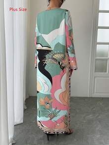 Plus Size Women's Arabic Style Maxi Dress, Luxury Round Neck Long Sleeve Loose Elegant Casual Lightweight Breathable Resort Style Long Dress, Robe, Formal Dress, Traditional Arabic Clothing, Holiday Dress, Evening Gown - Green - View 2