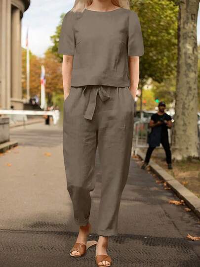 Women's Crew Neck Solid Color Casual Long Sleeve T-Shirt And Pants 2 Pieces Set