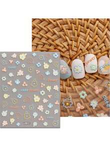 2片装春夏碎花美甲贴纸 - 多巴胺小花、雏菊、睡莲、五瓣花、镂空花、草莓图案，春夏艺术设计，3D立体工艺，适合女性日常生活、婚礼、节日和假期。一次性自粘美甲贴纸，中国风，可爱，简约，清新主题，易于粘贴，美甲装饰贴纸。 - 彩色 - 查看 5