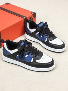 Zapatillas deportivas de cuero con contraste de malla transpirable de color negro, blanco y azul marino, zapatos casuales versátiles y minimalistas para caminar, adecuados para ir al trabajo, vacaciones, regalos