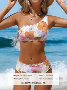 Women's Bikini Sets Two Piece Bathing Suit One Shoulder Mid Rise Scalloped Wide Strap Back Hook - 粉色 - 查看 8