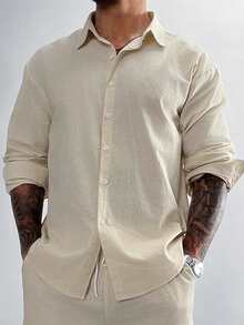 GloMan 男士 100% 亚麻棉混纺衬衫 - 透气落肩纽扣衬衫，纯色宽松版型，从度假到办公场合皆宜，适合海滩婚礼、鸡尾酒会和夏季通勤，父亲节送给爸爸/丈夫的礼物，黑色男士衬衫。送给妈妈的礼物 - 杏色 - 查看 6