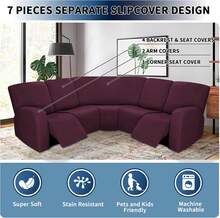 7-Pieces Sectional Sofa Covers, Extra Large Sectional Recliner Couch Covers For Reclining L Shape Couches Sofas, Stretch Washable Fleece Sofa Slipcovers With Pockets, 5 Seat, Wine - 彩色 - 查看 5