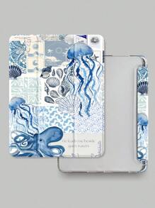 Ocean Beautiful Pattered Sword Castle Pattern Transparent Silicone Shock-Absorbing Stand With Pen Slot, Suitable For Galaxy Tab A8 10.5, S6 Lite 10.4, S7/S8/S9Inch. It Supports Sleep Awakening As A Holiday Gift