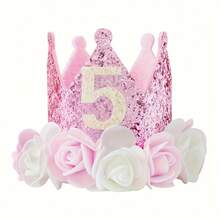 1pc Pink, White, Gold Flower & Sequin Felt Birthday Crown Hat For 1-5 Years Old Party