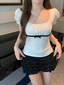 优雅时尚甜美风泡泡袖T恤，圆领蕾丝拼接蝴蝶结修身短袖上衣，夏季款 - 杏色 - 查看 9