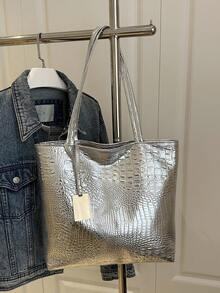 Large Capacity One Shoulder PU Tote Bag, Crocodile Print Fashion Women's Commuter Handbag, Cross-Border EU/US Style Versatile Backpack[Random Crocodile Print] - Silver - View 3