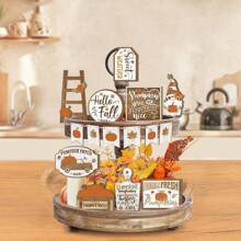 1/70 Sets disponibles, Set de 15 piezas de decoración de bandeja en niveles de madera con temática de Acción de Gracias y otoño, que incluye decoración de bandeja con calabazas de granja, gnomos de otoño, hojas de arce y otros decoraciones de otoño y cosecha para el hogar, sin bandeja
