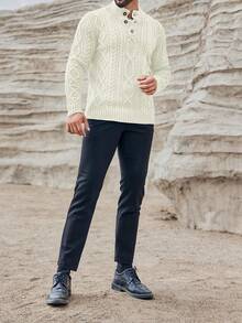 Runcati Men's Mock Neck Pullover Sweater Slim Fit Cable Knit With Half-Button Front Lightweight Thermal Knitwear For Winter Casual Style - Màu trắng sữa - Xem 3