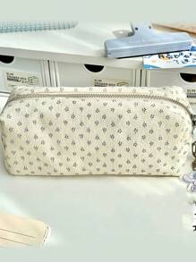 1Pc Floral Print Pencil Case, Back-To-School Stationery Organizer, Double-Sided Printed Pouch, Portable Multi-Functional Office & School Pencil Holder, Pencil Pouch, School Bag School Supplies, Back To School