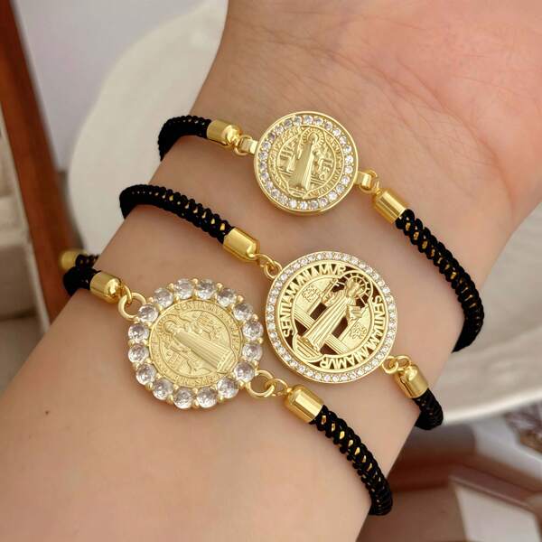 Pulsera con medalla redonda de San Benito, pulsera talismán de exorcismo, con incrustaciones de cobre y circonita cúbica, joyería de moda personalizada para hombres, adecuada para uso diario