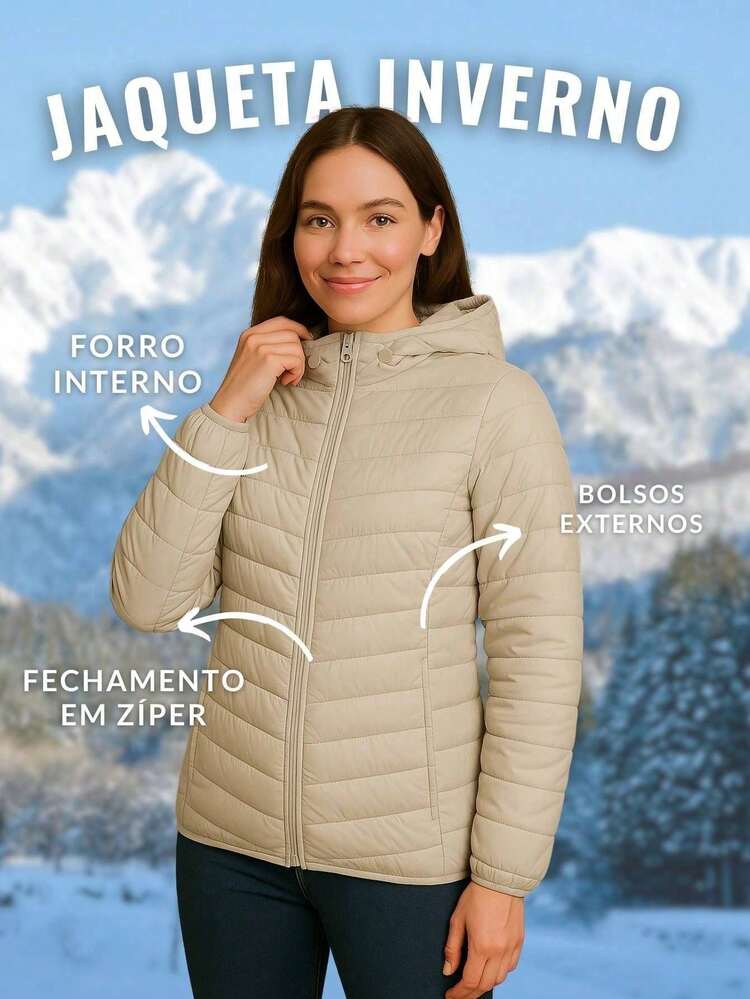 Jaqueta Puffer Feminina Bobojaco Impermeável Moto Capuz Removível Super Resistente Frio Neve - Bege - Visão 2