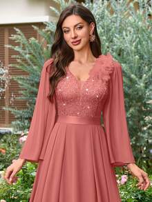 MIUSOL Đầm Maxi Dự Tiệc Tối Cổ Chữ V Sâu Đính Ren Hoa Trang Trí Viền Xếp Ly Voan, Đầm Dự Tiệc Cưới, Đầm Mùa Thu - Bụi hồng - Xem 9