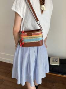 Bolso de paja tejido colorido para mujeres, último modelo de moda para playa, vacaciones de verano y uso casual, bolso de hombro y bandolera para teléfono