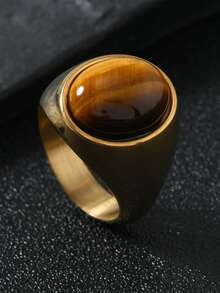 1pc Stainless Steel Oval Natural Stone Vintage Luxury Couple Ring Casting Accessory, Suitable For Daily Wear, Gift For Boyfriend/Girlfriend On New Year, Christmas, Valentine's Day, Anniversary - Gold - View 8