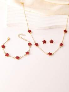 Set de 4 piezas: Collar, pulsera y pendientes con trébol y flor de cinco pétalos, collar de gargantilla versátil y de la suerte, sin estuche de regalo