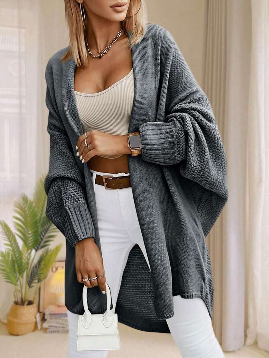 Womens Oversized Long Cardigan Sweater Open Front Batwing Sleeve Fall Knitwear - Xám - Xem 1
