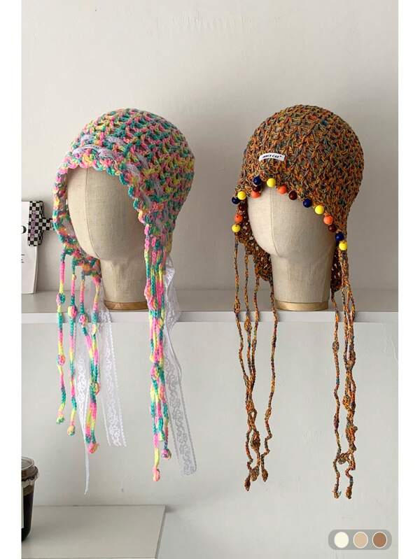 1pc Handmade Crocheted Tassel Tie Hollow Breathable Knitted Beanie Hat For Women, Colorful Floral Pattern, Large Size Fits All, Warm Ear Protection, Casual Versatile Knit Cap For Autumn/Winter