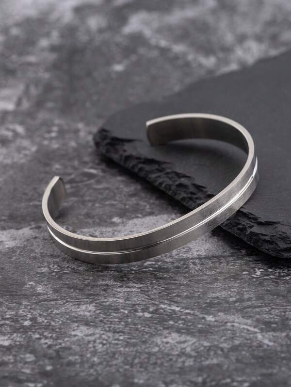 1pc Minimalist Business Style Stainless Steel Matte Geometric Oval Bangle Bracelet, Unisex Daily Wear