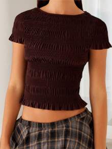 Women Crop T-Shirts Casual Summer Solid Color Ruffle Hem Smocked Basic Short Sleeve Tops For Streetwear - 棕色 - 查看 3
