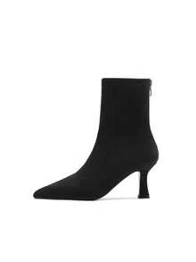 女士棕色踝靴，高跟，2025秋冬新款保暖内衬，细高跟，尖头，弹力紧身靴，猫跟靴，派对靴 - 黑色 - 查看 5