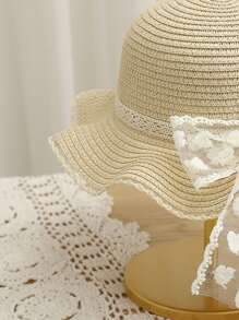 1pc Kids Cute Love Lace Bow Straw Hat, Fashionable Princess Beach Travel Sun Protection Grass Woven Hat, Suitable For Daily Outing