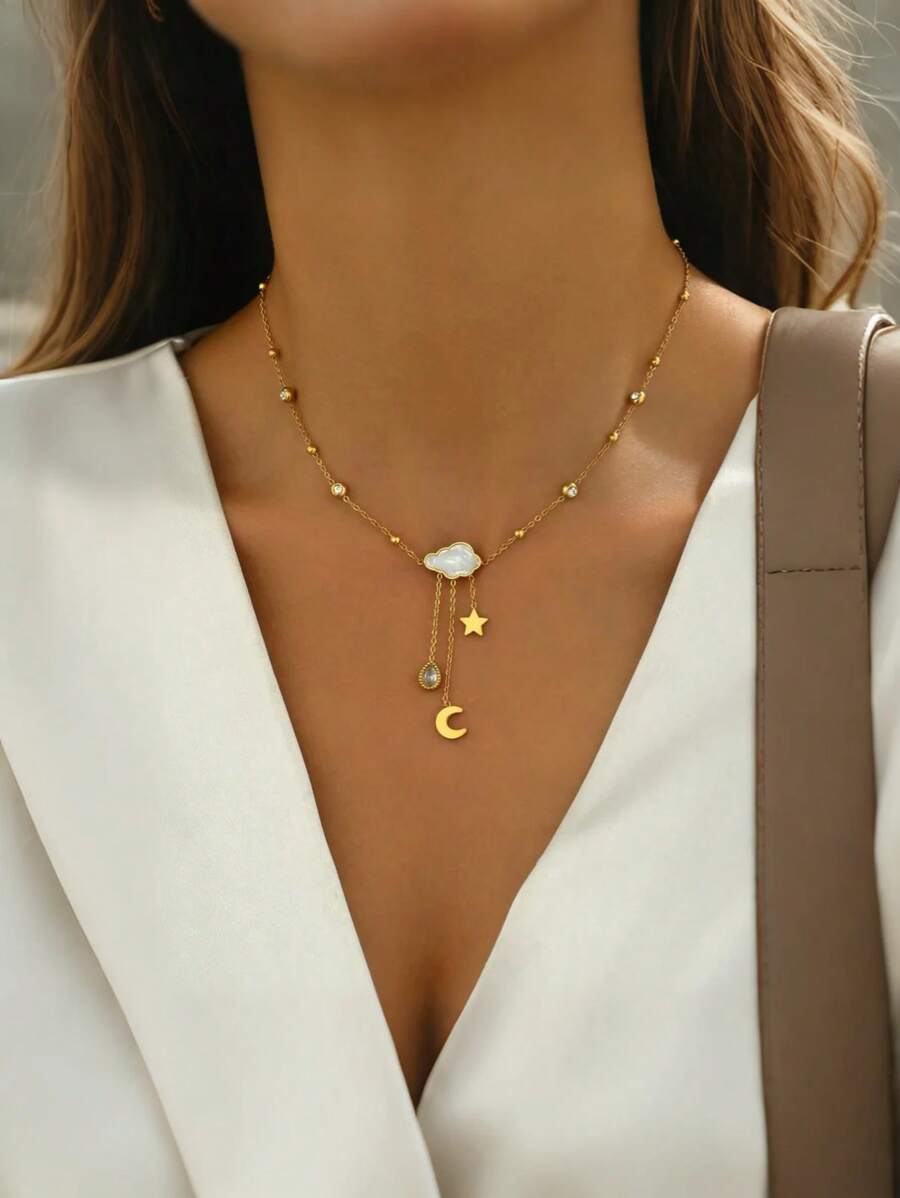 1 peça feminina banhada a ouro 18K em aço inoxidável com estrela, lua, gota d'água, zircônia em nuvem, joias da moda com pérolas