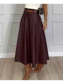 Women's Leather Skirt Gode Long High Waist 333 - 紫紅色 - 查看 1