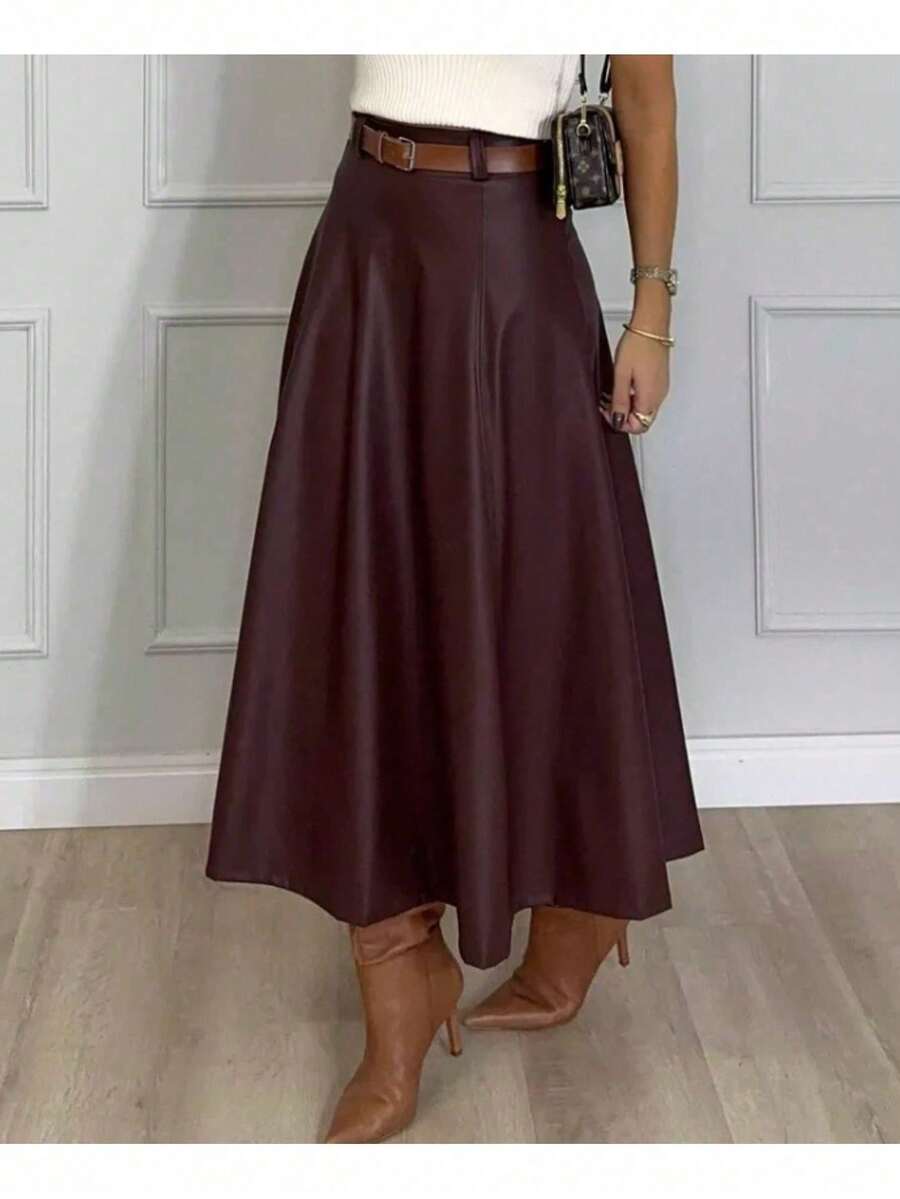 Women's Leather Skirt Gode Long High Waist 333 - 紫紅色 - 查看 1
