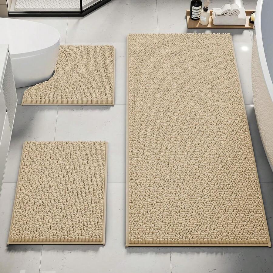 Upgrade Extra Large Bathroom Rugs Set 3 Pieces Thick Absorbent Chenille Bath Mat,Ultra Soft Bathroom Mats,Non Slip Bathroom Floor Mats,Washable Toilet Rug For Bathroom, Bedroom, Kitchen,Beige - Beige - View 1
