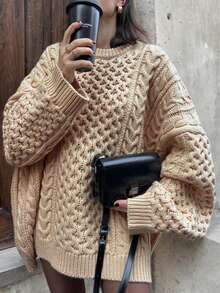 Autumn/Winter New Loose Street Casual Elegant Round Neck Cable Knitted Long-Sleeved Sweater, Casual Slouchy Knitted Versatile Top,Loose Knitted Pullover Sweater ,Ladies' Oversized Solid Color Long Sleeve Sweater , Commute, Minimalist, Old Money, Simple, Women's Autumn Clothing,Christmas - Apricot - View 3
