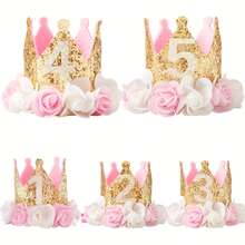 1pc Pink, White, Gold Flower & Sequin Felt Birthday Crown Hat For 1-5 Years Old Party