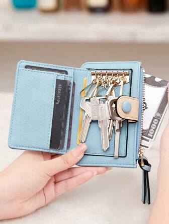 MIYIN Modieuze sleuteletui met contrasterende kleuren voor dames, sleuteletui - geschikt voor de meeste sleutels, multifunctionele portemonnee met twee lussen voor dagelijks gebruik, lichtgewicht, draagbaar sleuteltasje met kaartvakken en ritsvak, eenvoudig en compact voor thuisgebruik