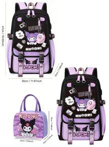 Sanrio Kuromi Anime Rucksack mit Lunch-Tasche, Nylon Laptop-Rucksack für Jungen und Mädchen, Mehrere Fächer, externer Geräteport, wasserdichtes Design, verstellbare Schultergurte, ideal für Schule, täglichen Gebrauch und Reisen, süßer Cartoon-Muster, thematische Lunch-Tasche, Reißverschluss-Verschluss, Schul-Rucksack