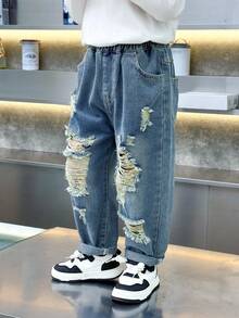Boys' Loose Fit Distressed Casual Denim Jeans, Suitable For Daily, School, Outdoor Wear, Autumn