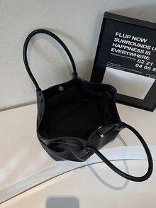 1 件女士纯色 PU 单肩包，复古时尚大容量手提包，双手柄和按扣开合，适合旅行、购物、约会、送给少女、大学生、办公室女士、通勤、户外的礼物 - 黑色 - 查看 9