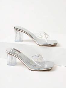 2 Pairs Women's Plus Size Crystal Square Toe Rhinestone Transparent Strap Sandals, One In Apricot High Heel, One In Silver Chunky Heel, Elegant & Versatile Summer Wear